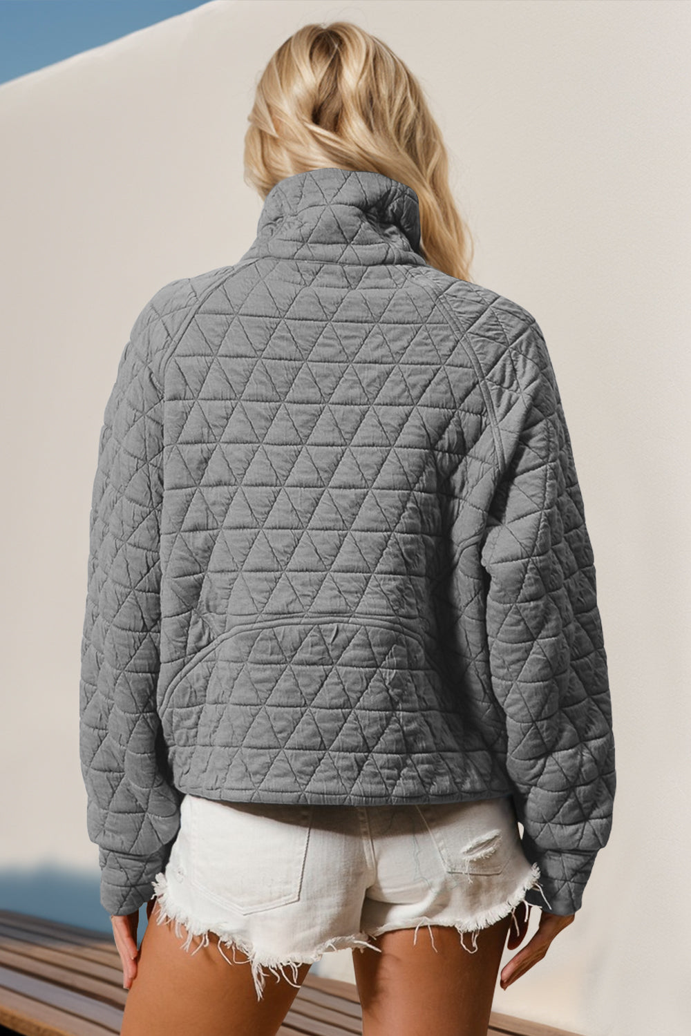 Double Take Half Zip Long Sleeve Quilted Sweatshirt with Pocket - T - 5 COLORS -