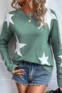 Thumbnail for Star Round Neck Dropped Shoulder Sweater - T - 1 COLOR -