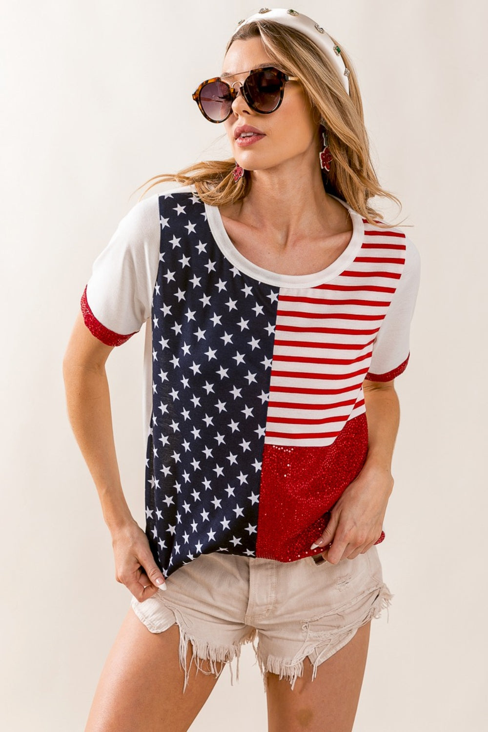 BiBi Star & Stripes Round Neck Short Sleeve T-Shirt - T - 1 COLOR -