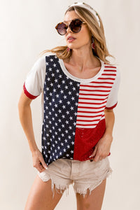 Thumbnail for BiBi Star & Stripes Round Neck Short Sleeve T-Shirt - T - 1 COLOR -