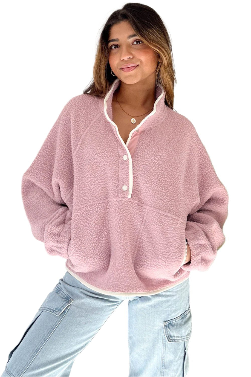 Half Snap Long Sleeve Sweatshirt with Side Slit Pockets - T - 1 COLOR -