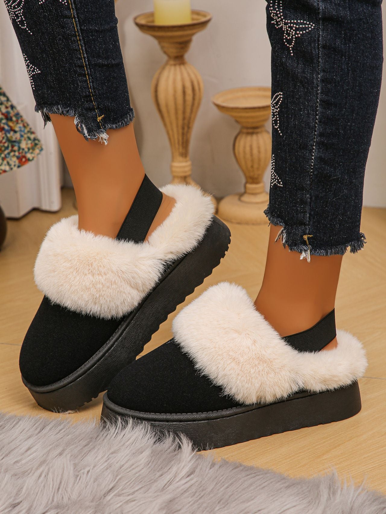 Faux Fur Round Toe Platform Slippers - T - 3 COLORS -