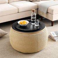 Thumbnail for Round Storage Ottoman, 2 in 1 Function, Work as End Table and Ottoman, Natural (25.5