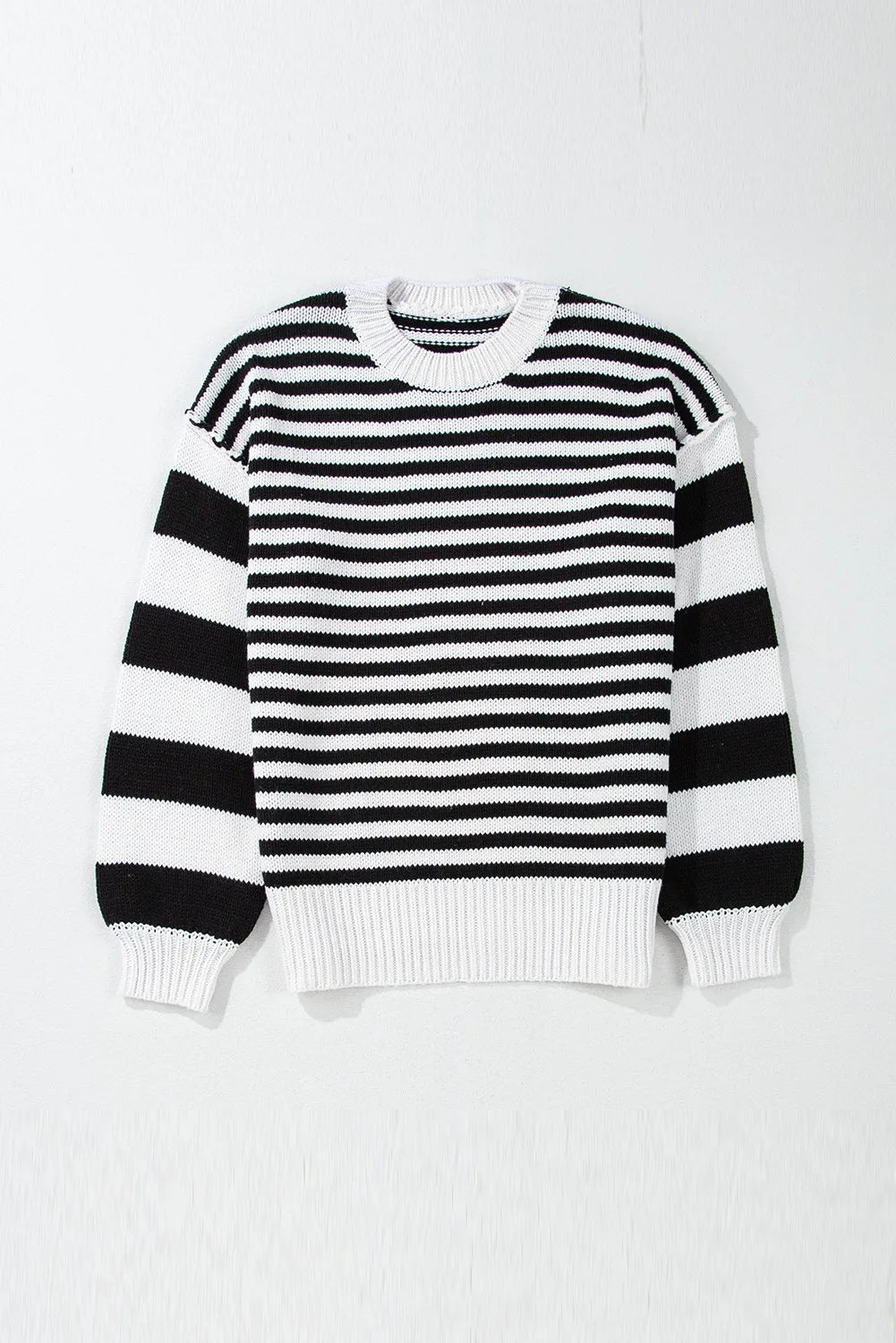 Striped Round Neck Long Sleeve Sweater - T - 1 COLOR -