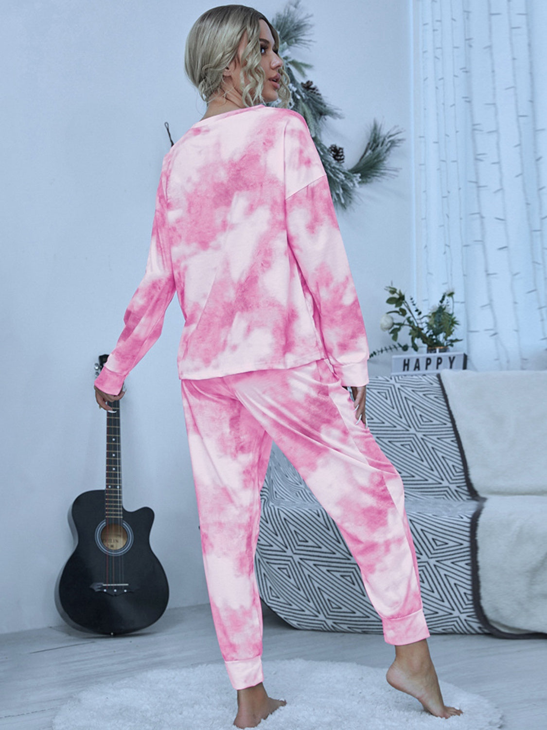 Tie-Dye Round Neck Top and Pants Lounge set - 2 PCS. - T -