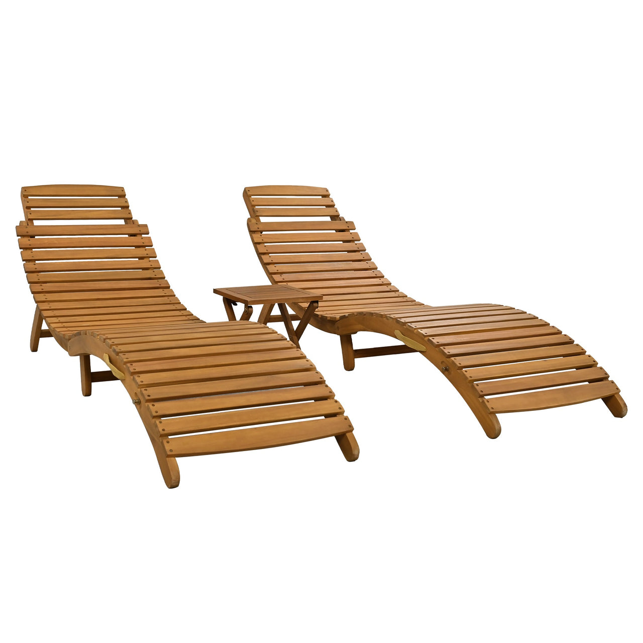 Outdoor Patio Wood Portable Extended Chaise Lounge Set With Foldable Tea Table for Balcony, Poolside, Garden, Brown