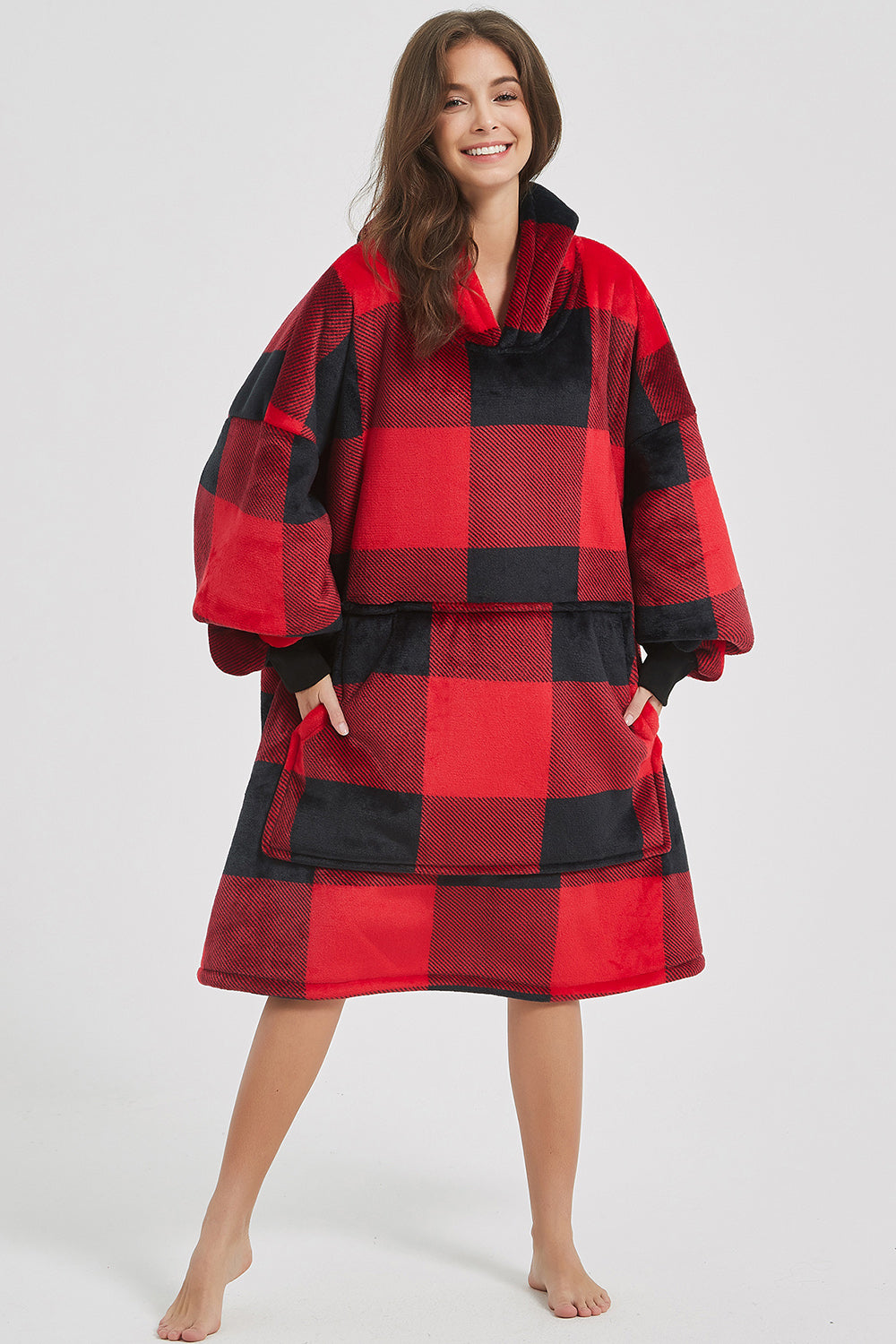 Plaid Hooded Oversize Fuzzy Lounge Dress - 1 LARGE OVERSIZE - T - 1 COLOR -