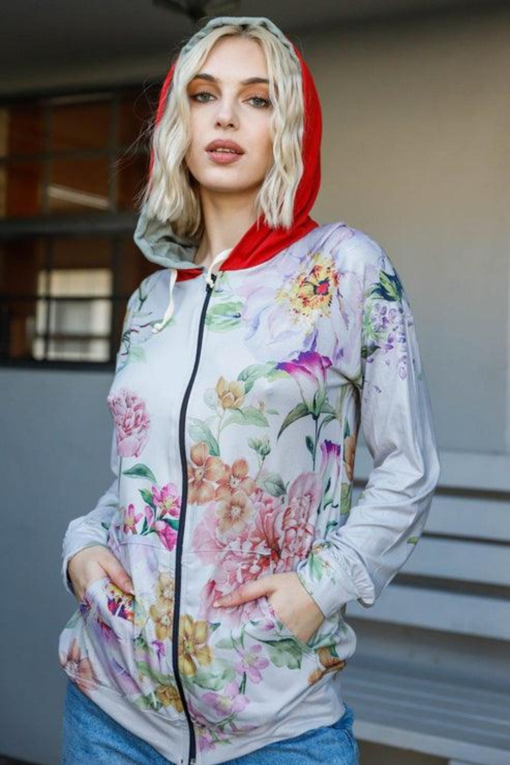 Blumin Apparel Full Size Floral Zip Up Hoodie - SIZES S THRU 3XL - T - 2 COLORS -