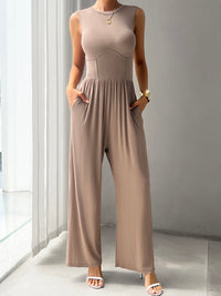 Thumbnail for Round Neck Sleeveless Wide Leg Jumpsuit - T - 4 COLORS -