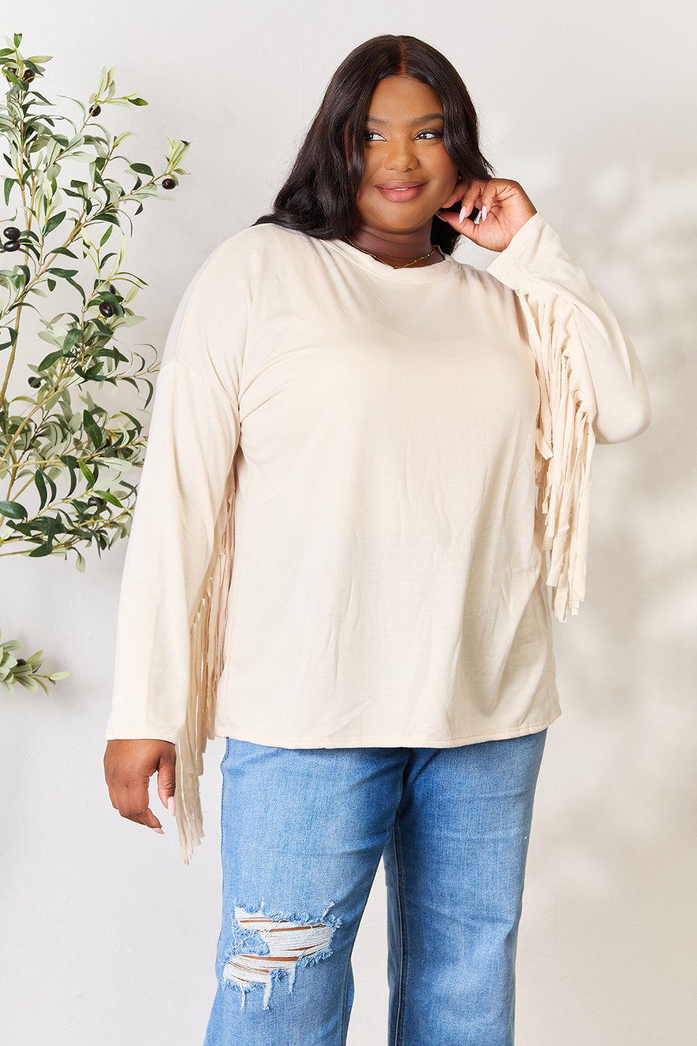 Celeste Full Size Fringe Detail Long Sleeve Blouse - SIZES S THRU 3 XL - T - 1 COLOR -