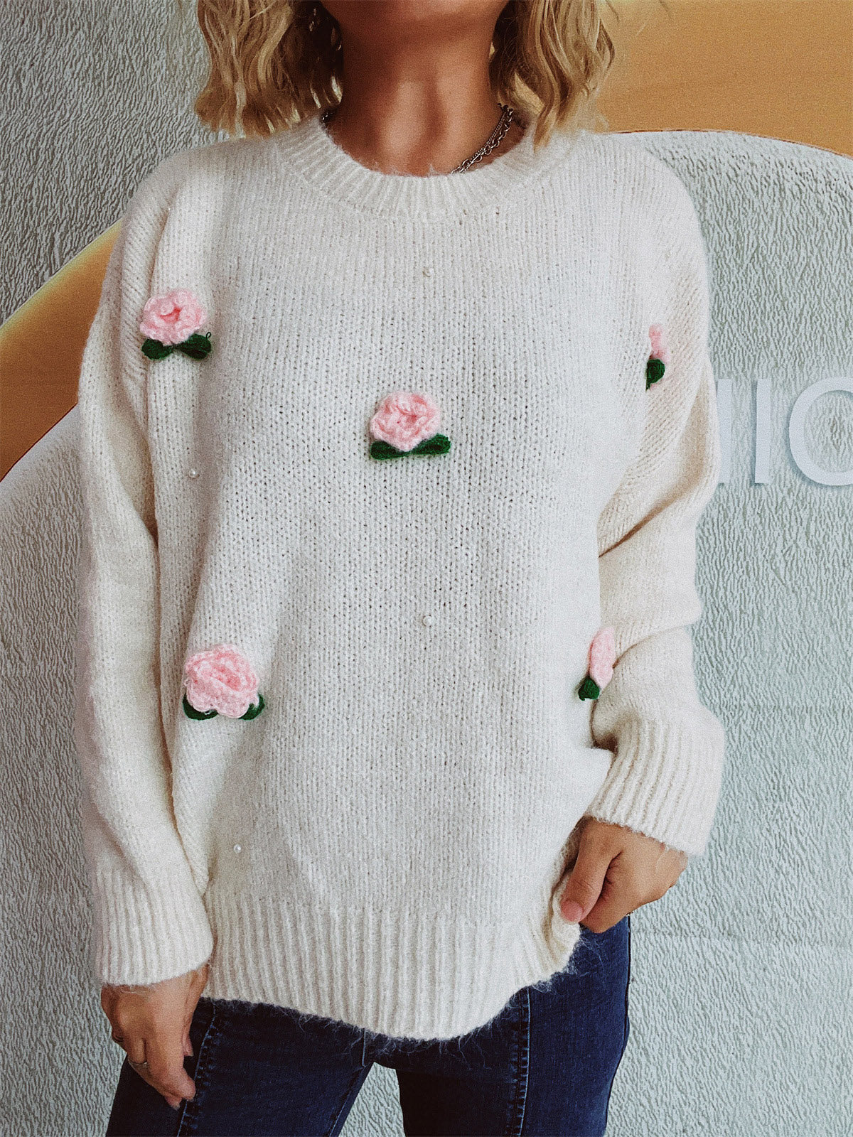 Flower Round Neck Long Sleeve Sweater - 1 OVERSIZE - T - 2 COLORS -