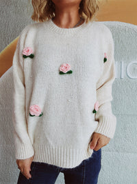 Thumbnail for Flower Round Neck Long Sleeve Sweater - 1 OVERSIZE - T - 2 COLORS -