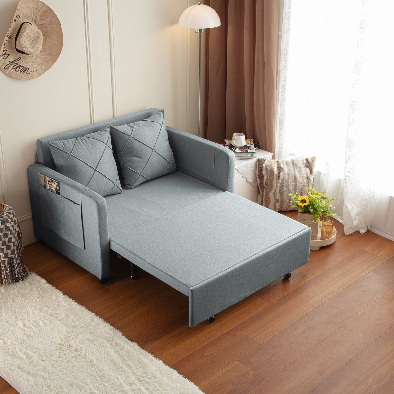 Modern Love Seat Futon Sofa Bed With Headboard,Linen Love Seat Couch,Pull Out Sofa Bed With 2 Pillows & 2 Sides Pockets