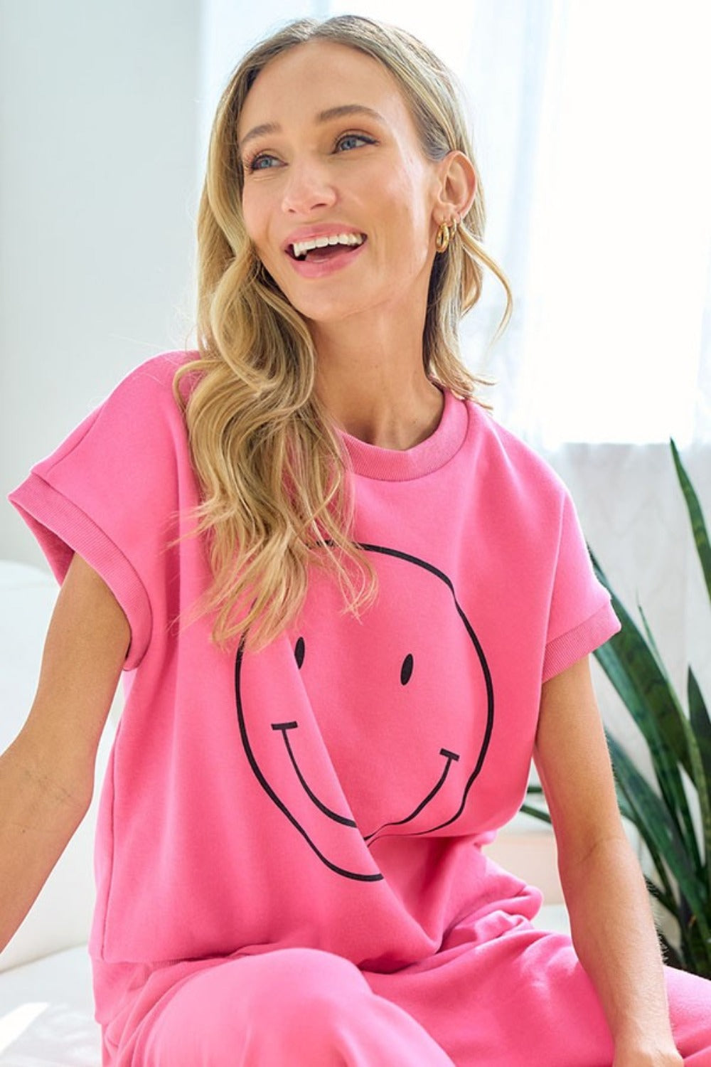 First Love Smile Face Drop Shoulder Brushed Inside T-Shirt - T - 1 COLOR -