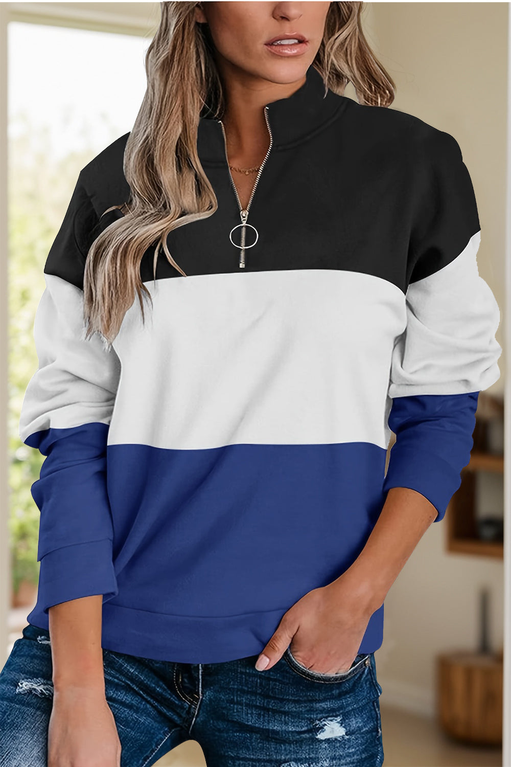 Full Size Color Block Quarter Zip Long Sleeve Sweatshirt - T - 3 COLORS -