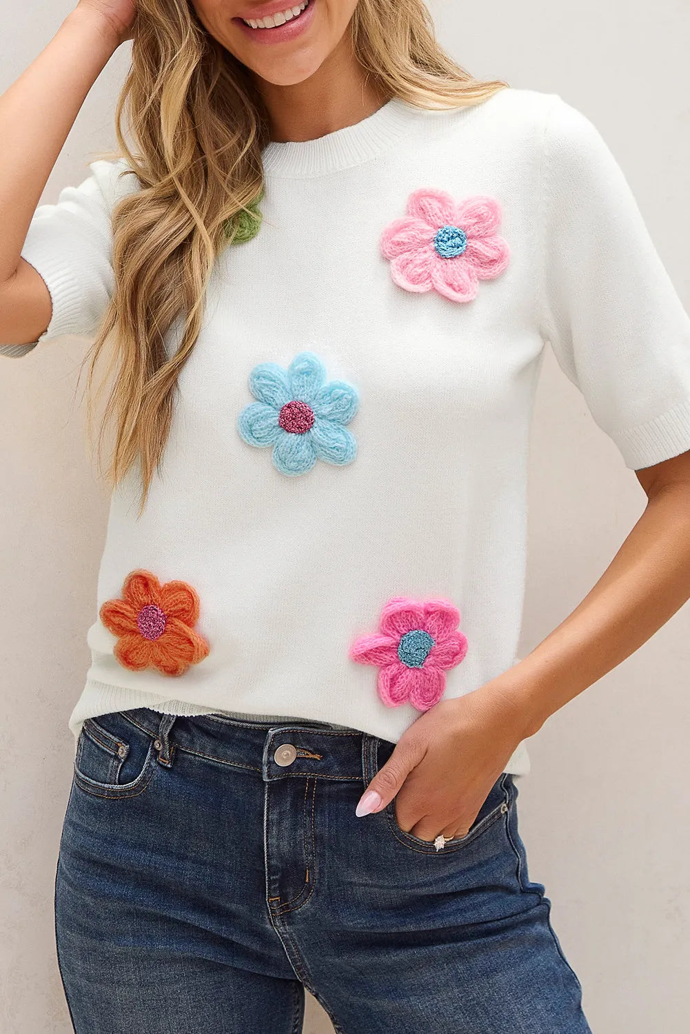 Flower Round Neck Short Sleeve Sweater - S,M,L ONLY - T - 1 COLOR -