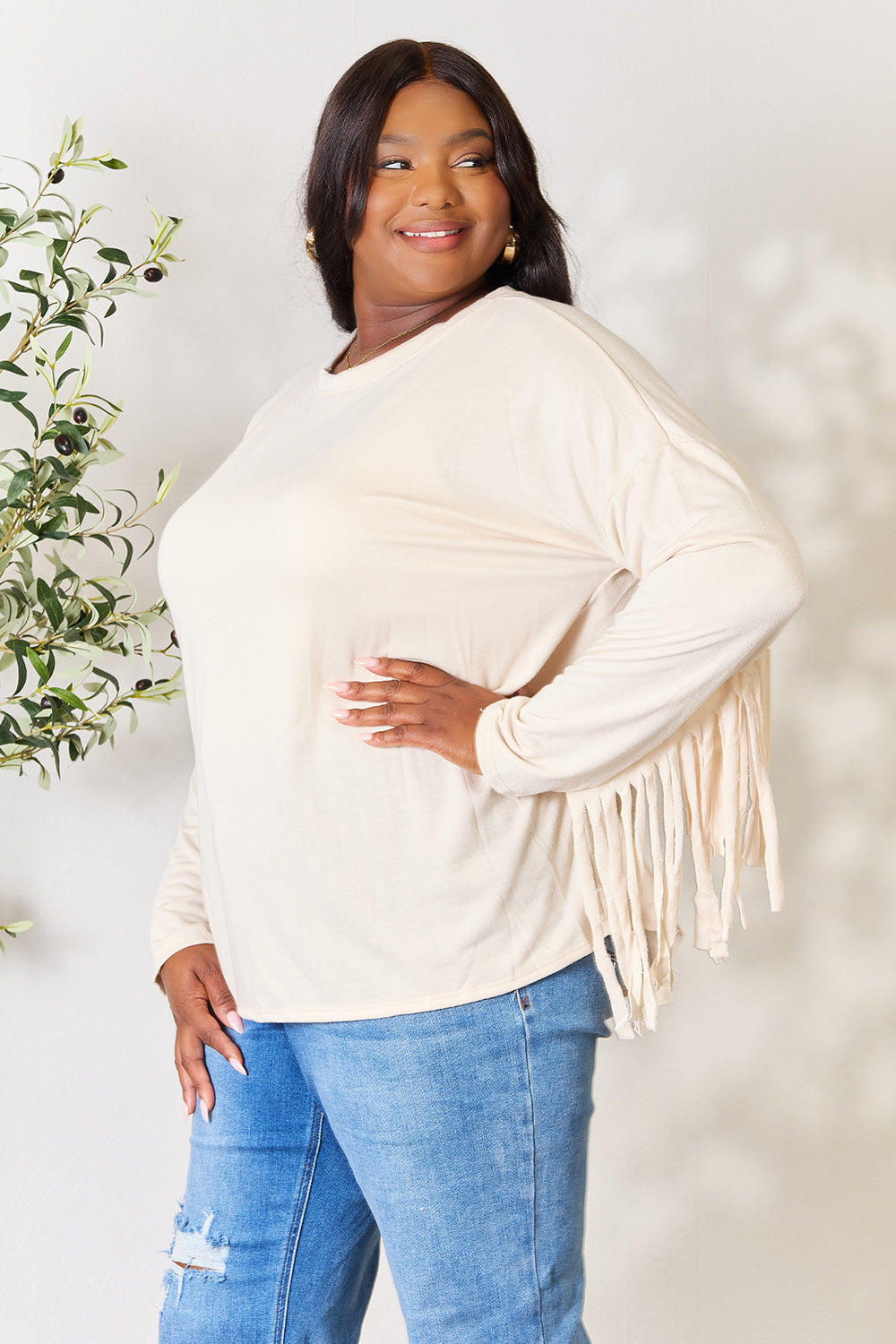 Celeste Full Size Fringe Detail Long Sleeve Blouse - SIZES S THRU 3 XL - T - 1 COLOR -