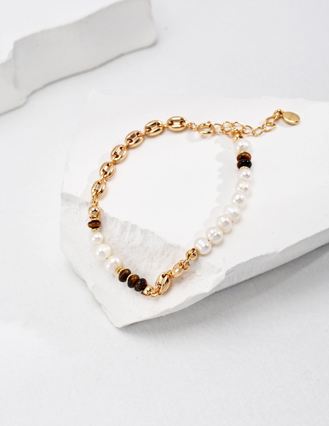 Natural Tiger With Freshwater Pearl Bracelet - CHOICE OF JEWELRY POUCH OR GIFT BOX -