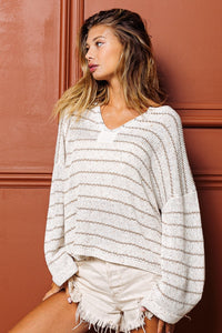 Thumbnail for BiBi Stripe V-Neck Knit Top - T - 1 COLOR -