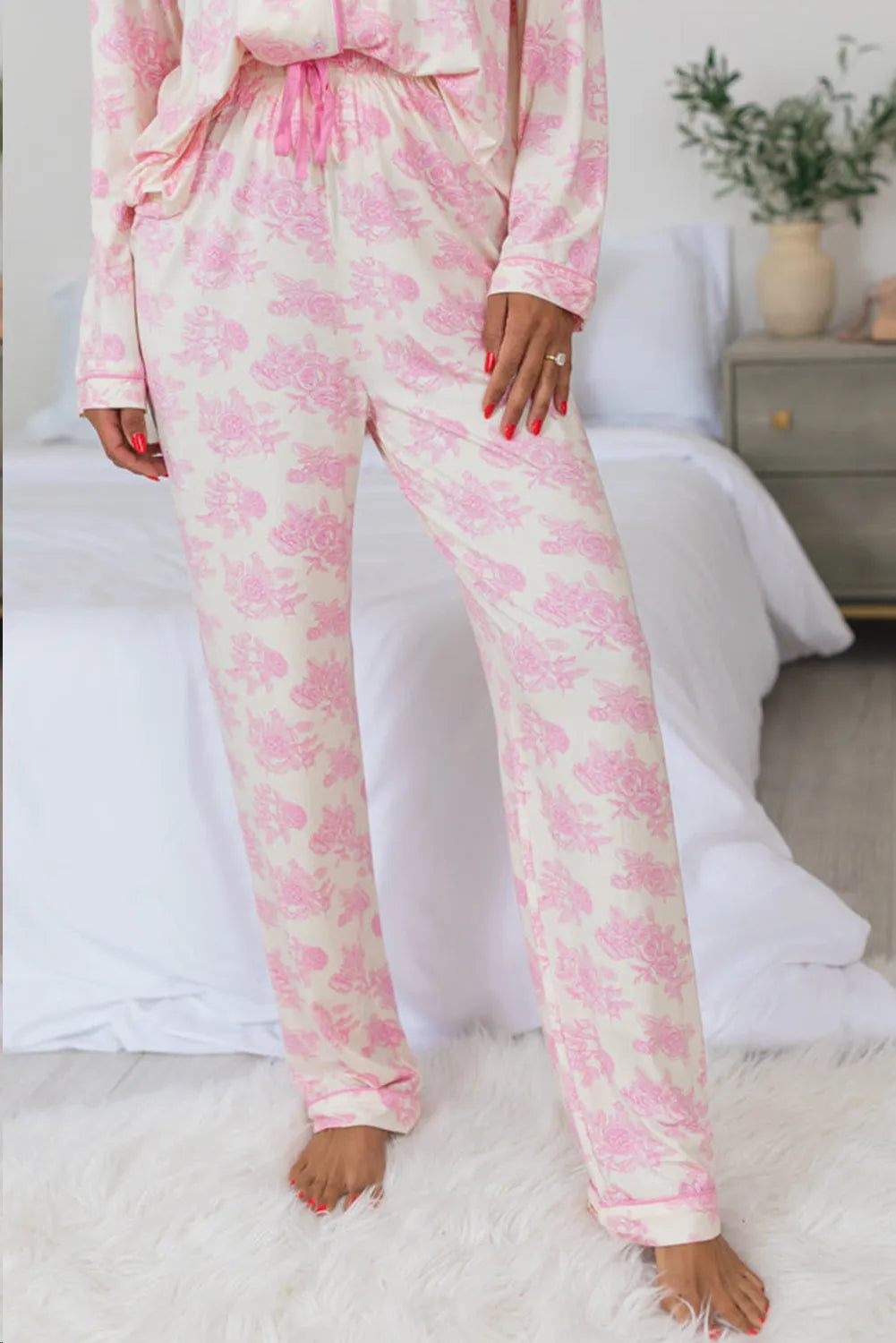 Printed Button Up Long Sleeve Top and Pants Lounge Set - T - 1 COLOR -