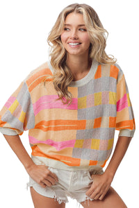 Thumbnail for BiBi Multi Color Striped Round Neck Knit Top - T - 1 COLOR -