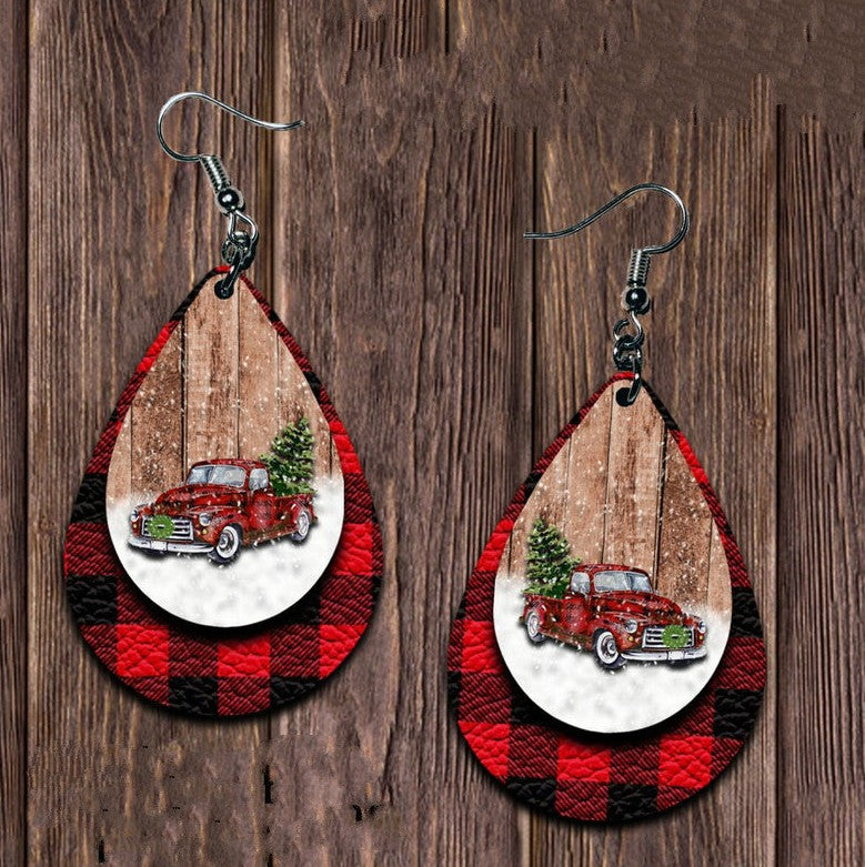 Faux Leather Plaid Teardrop Earrings - T - 2 COLORS -