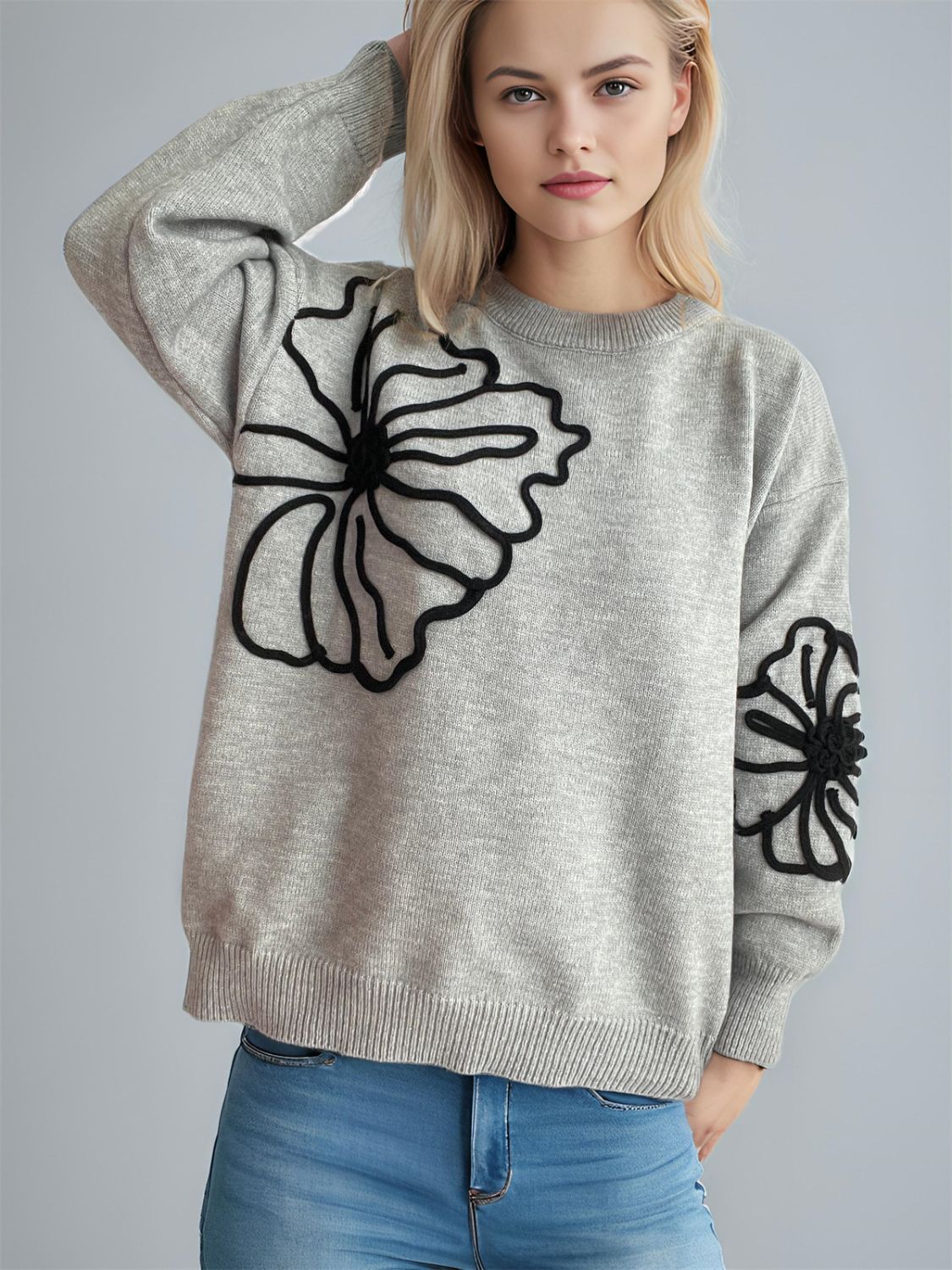 Flower Round Neck Long Sleeve Sweater - T - 4 COLORS -