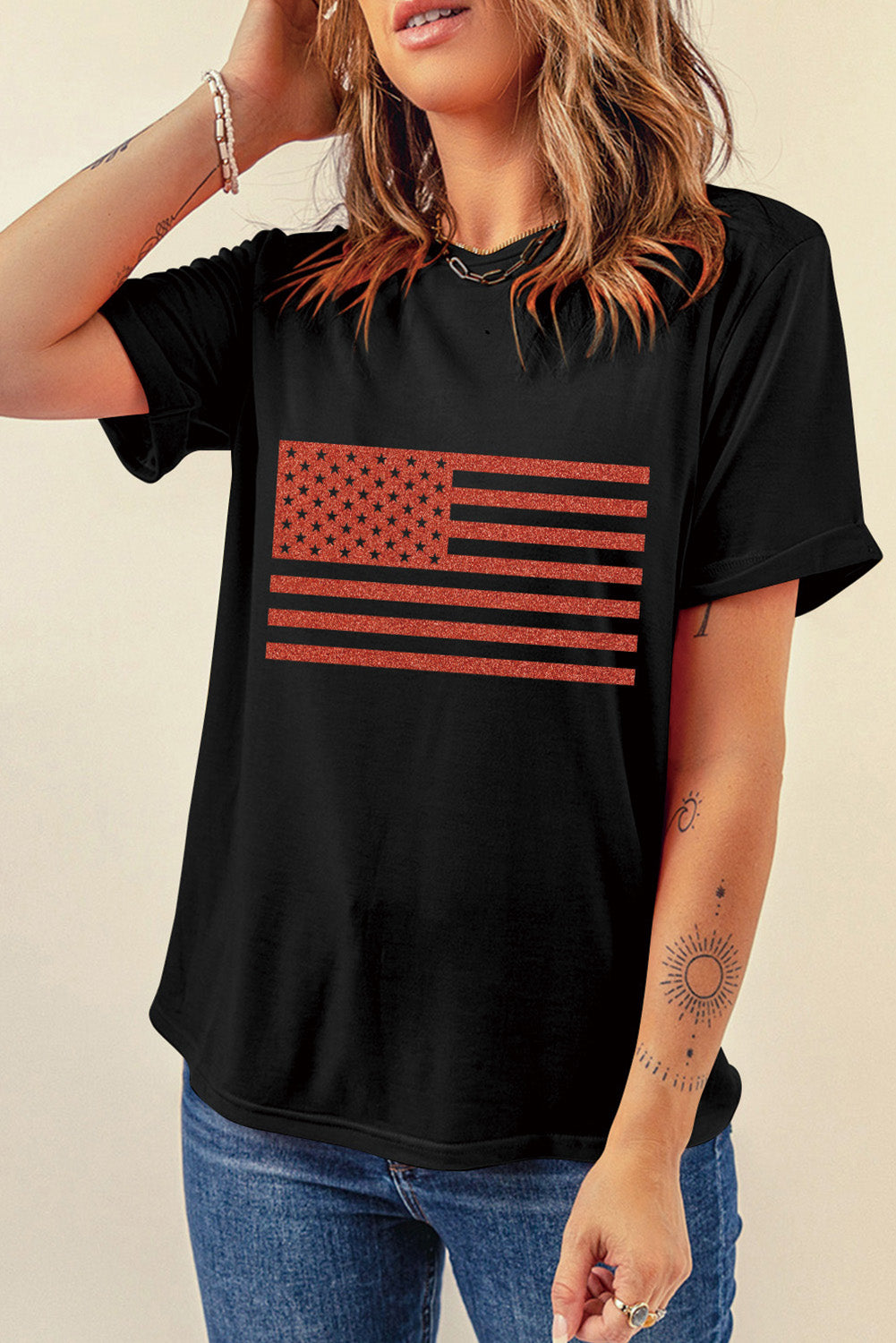 US Flag Round Neck Short Sleeve T-Shirt- T - 1 COLOR -