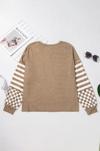 Thumbnail for Checker & Stripes Round Neck Long Sleeve Blouse - T - 1 COLOR -