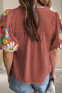 Thumbnail for Embroidered Tie Neck Half Sleeve Blouse - T - 3 COLORS -