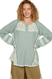 Thumbnail for POL Round Neck Long Sleeve Lace Trim Thermal Top - T - 1 COLOR -