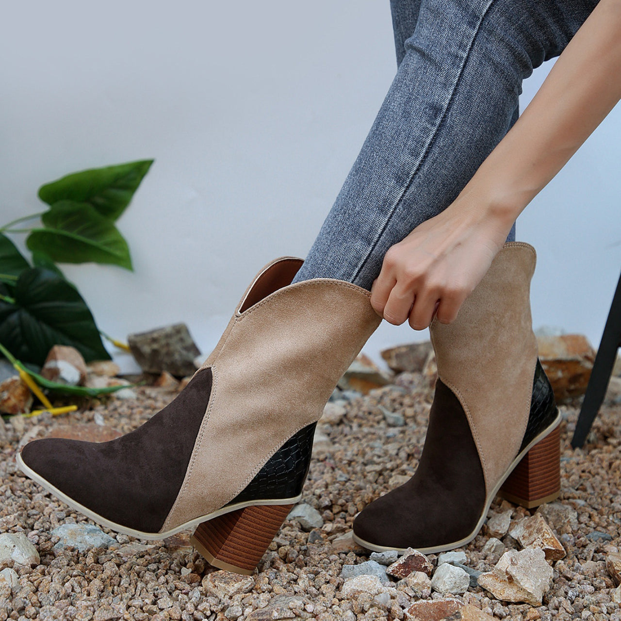 Suede Square Toe Block Heel Boots - T - 4 COLORS -