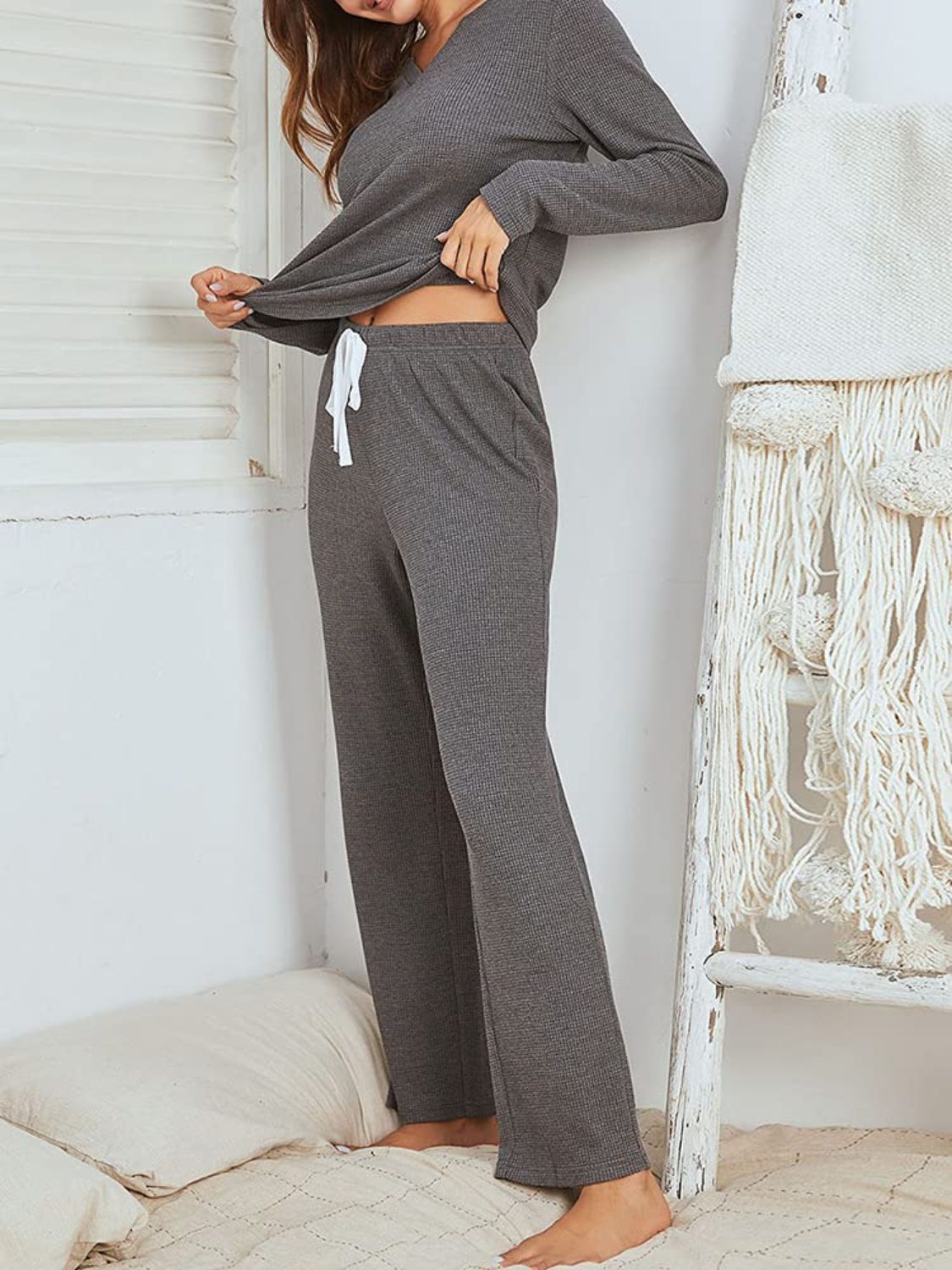 Notched Long Sleeve Top and Pants Set - 2 PCS. - T - 3 COLORS -