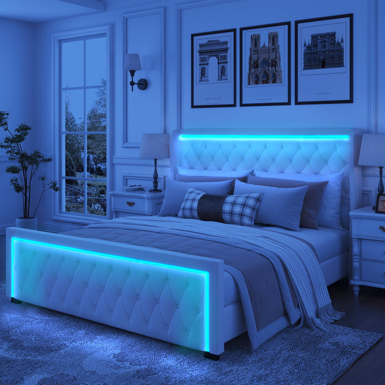 Queen Platform Bed Frame With High Headboard, Velvet Upholstered Bed With Deep Tufted Buttons, Adjustable Colorful LED L