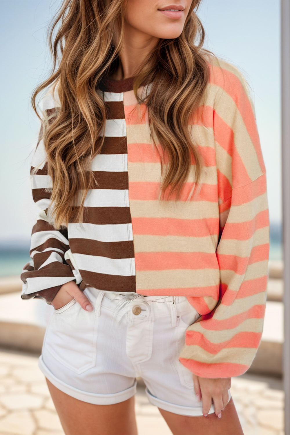 Striped Round Neck Long Sleeve Sweatshirt - T - 1 COLOR -