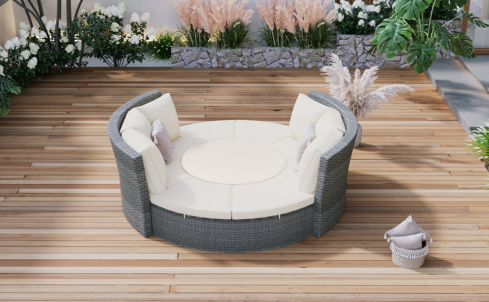 Patio 5-Piece Round Rattan Sectional Sofa Set All-Weather PE Wicker Sunbed Daybed With Round Liftable Table and Washable