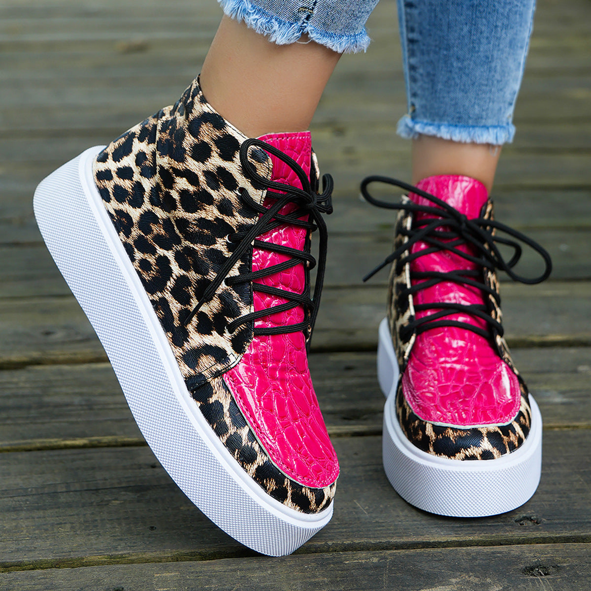 Faux Leather Leopard Platform Sneakers - T - 2 COLORS -