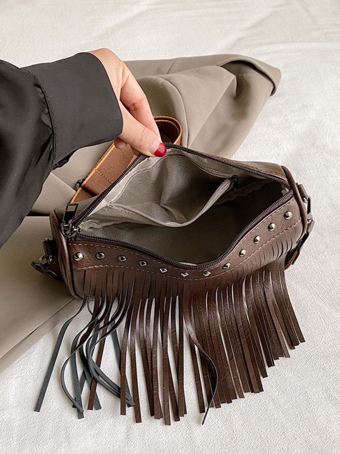 Faux Leather Fringe Studded Crossbody Bag - T - 3 COLORS -