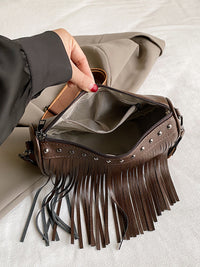 Thumbnail for Faux Leather Fringe Studded Crossbody Bag - T - 3 COLORS -