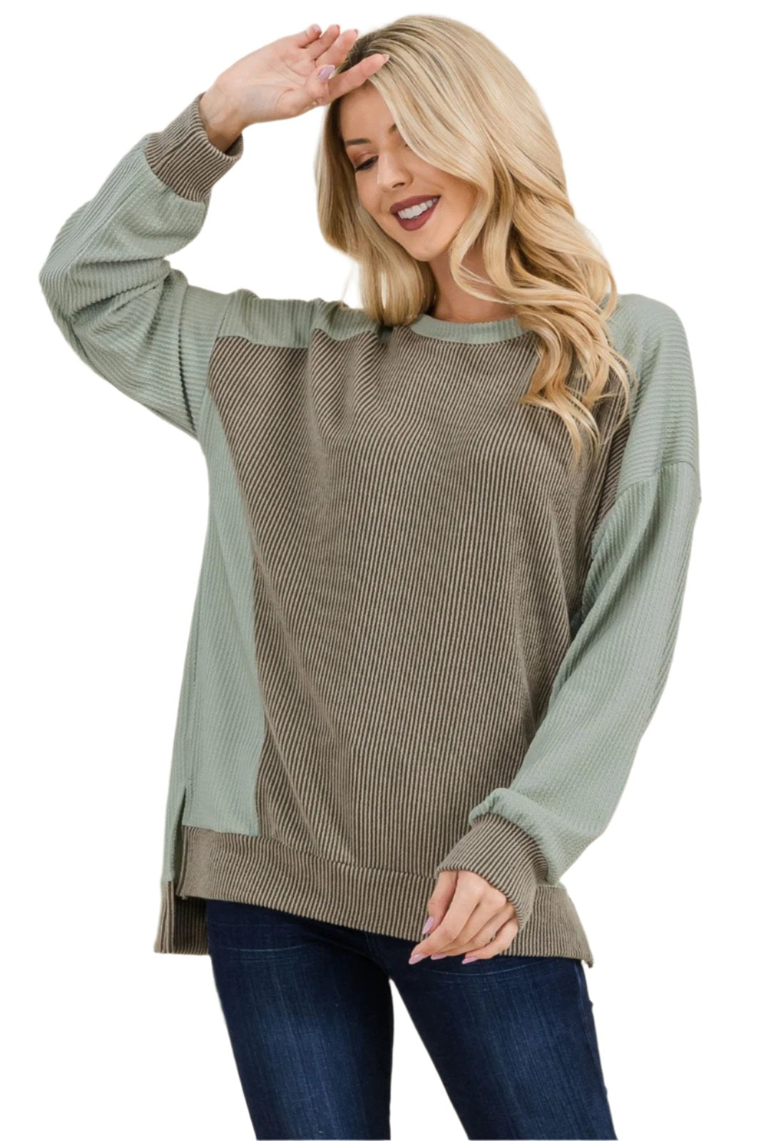 Celeste High-Low Contrast Round Neck Sweatshirt - T - 1 COLOR -