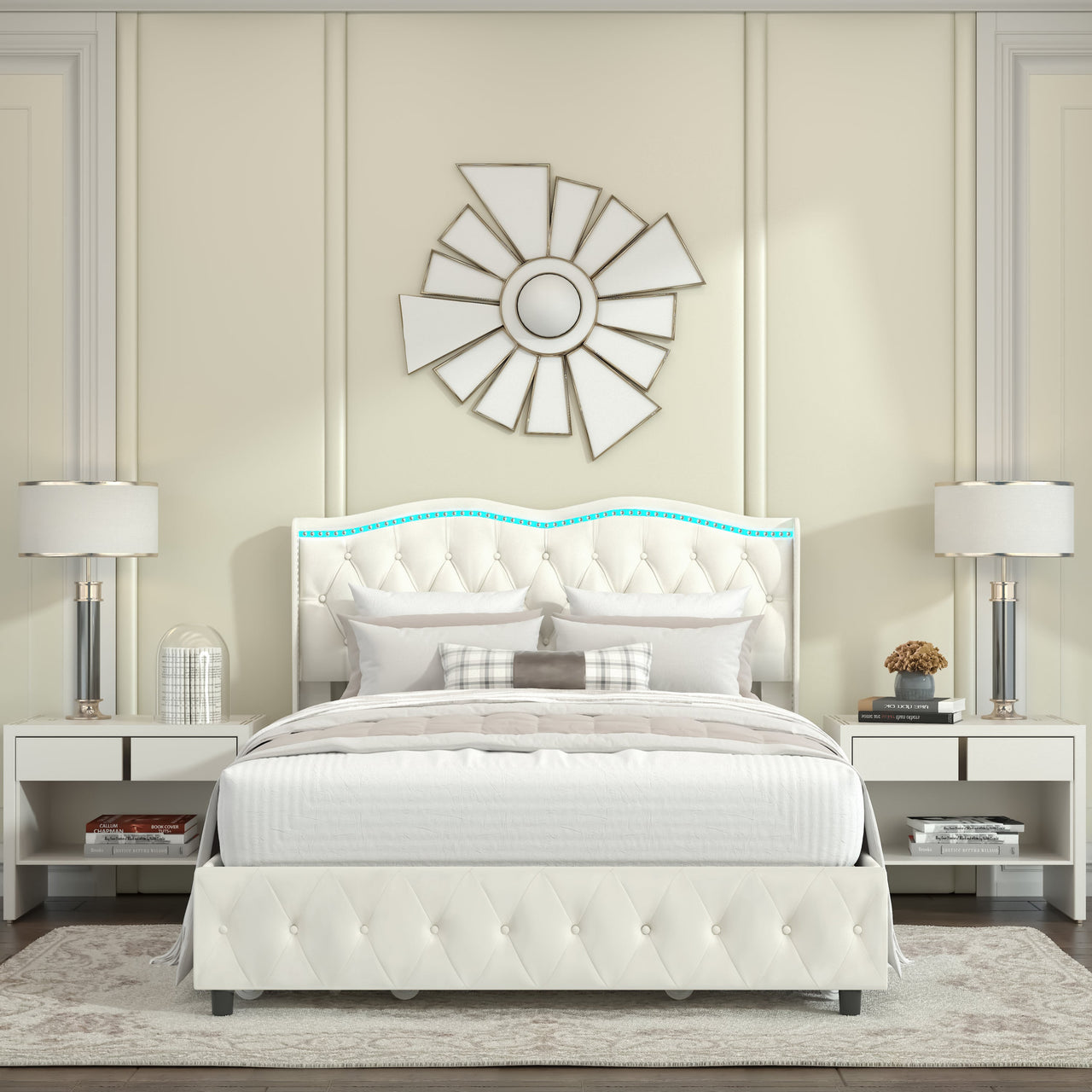 Queen Platform Bed Frame , Velvet Upholstered Bed With Deep Tufted Buttons and Nailhead Trim, Adjustable Colorful LED Li