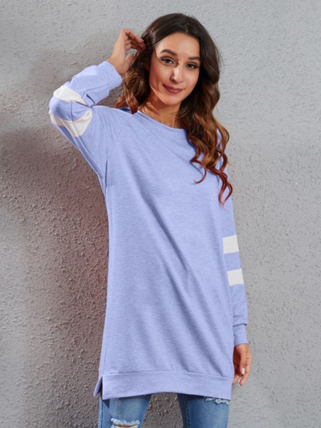 Full Size Striped Round Neck Long Sleeve T-Shirt - T - 1 COLOR -