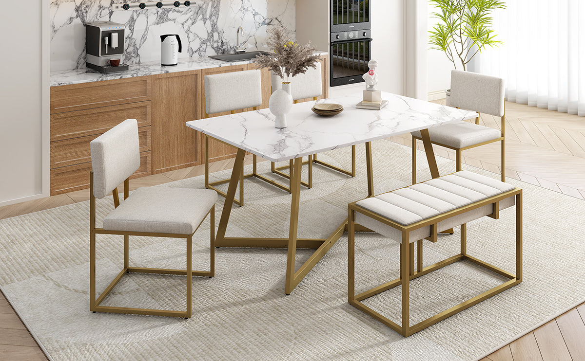 Modern Faux Marble 6-Piece Dining Table Set,60inch Metal Kitchen Table Set With Upholstered Dining Chairs and Bench, Gol