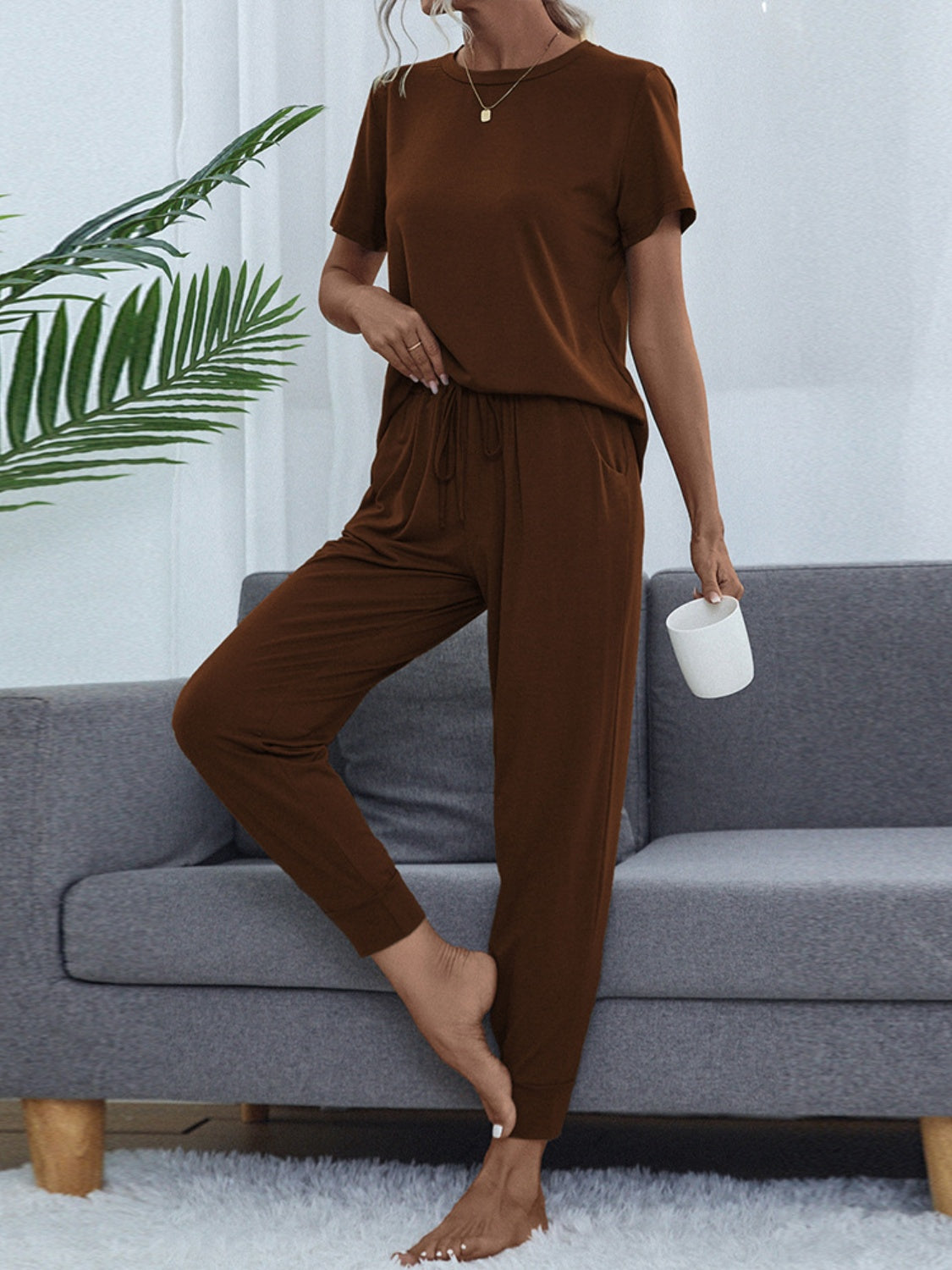 Round Neck Top and Pants Lounge Set - 2 PCS. - T - 2 COLORS -