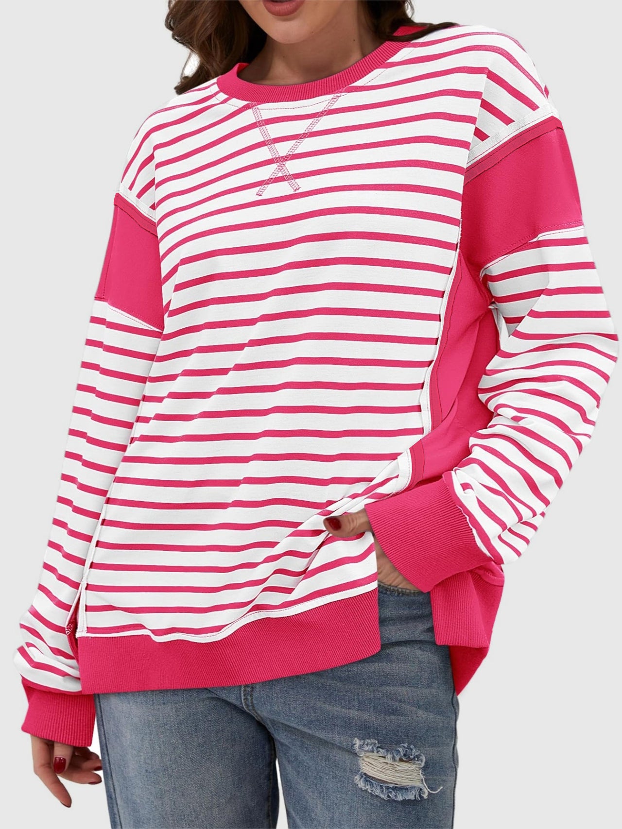 Slit Exposed Seam Striped Long Sleeve Sweatshirt - T - 8 COLORS -