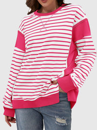 Thumbnail for Slit Exposed Seam Striped Long Sleeve Sweatshirt - T - 8 COLORS -