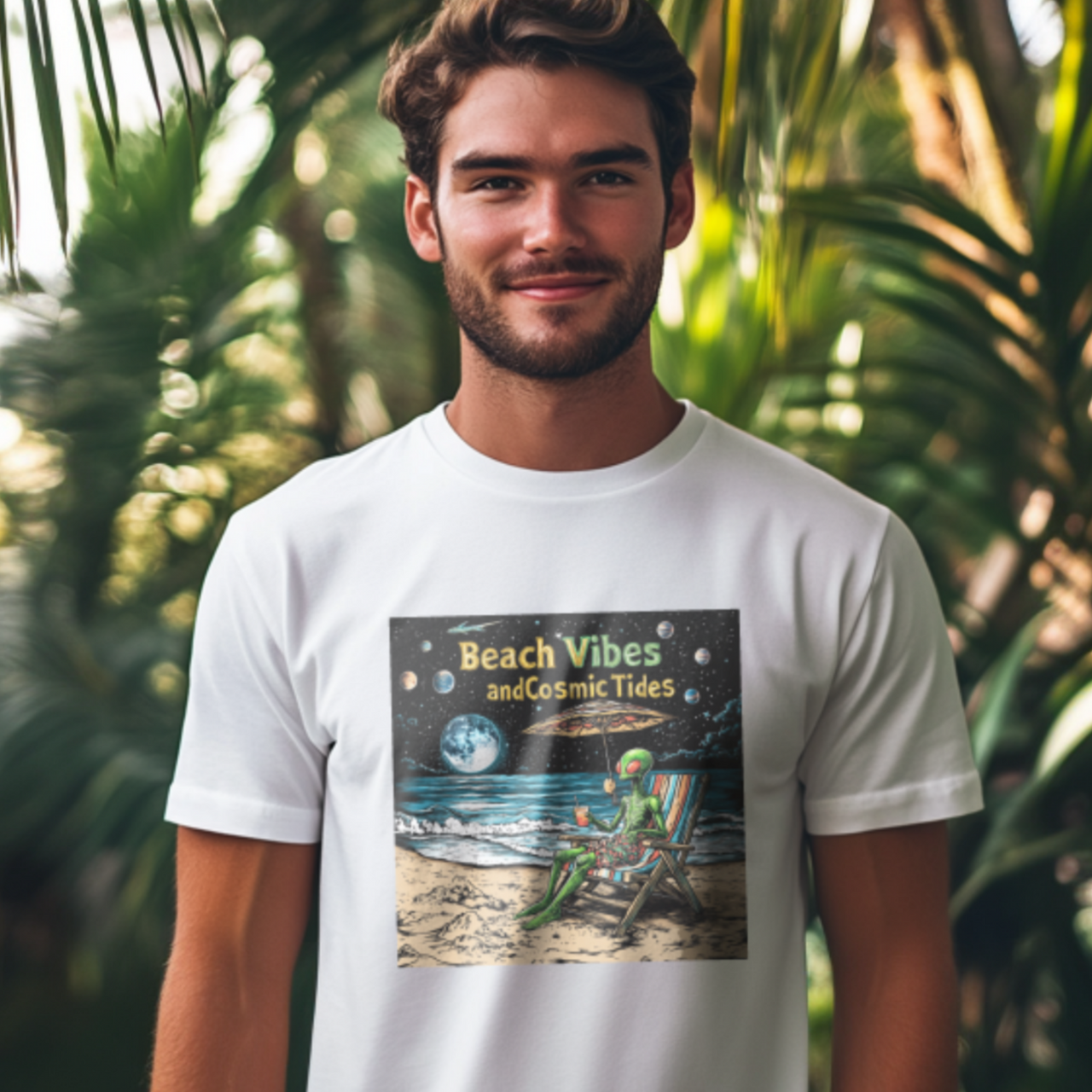 Beach VIbes and Cosmic Tides T-Shirt, Alien Tee, Beach T-Shirt - 2 COLORS -