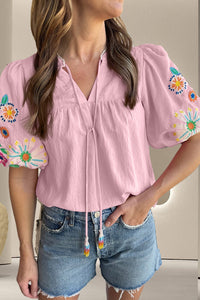 Thumbnail for Embroidered Tie Neck Half Sleeve Blouse - T - 3 COLORS -