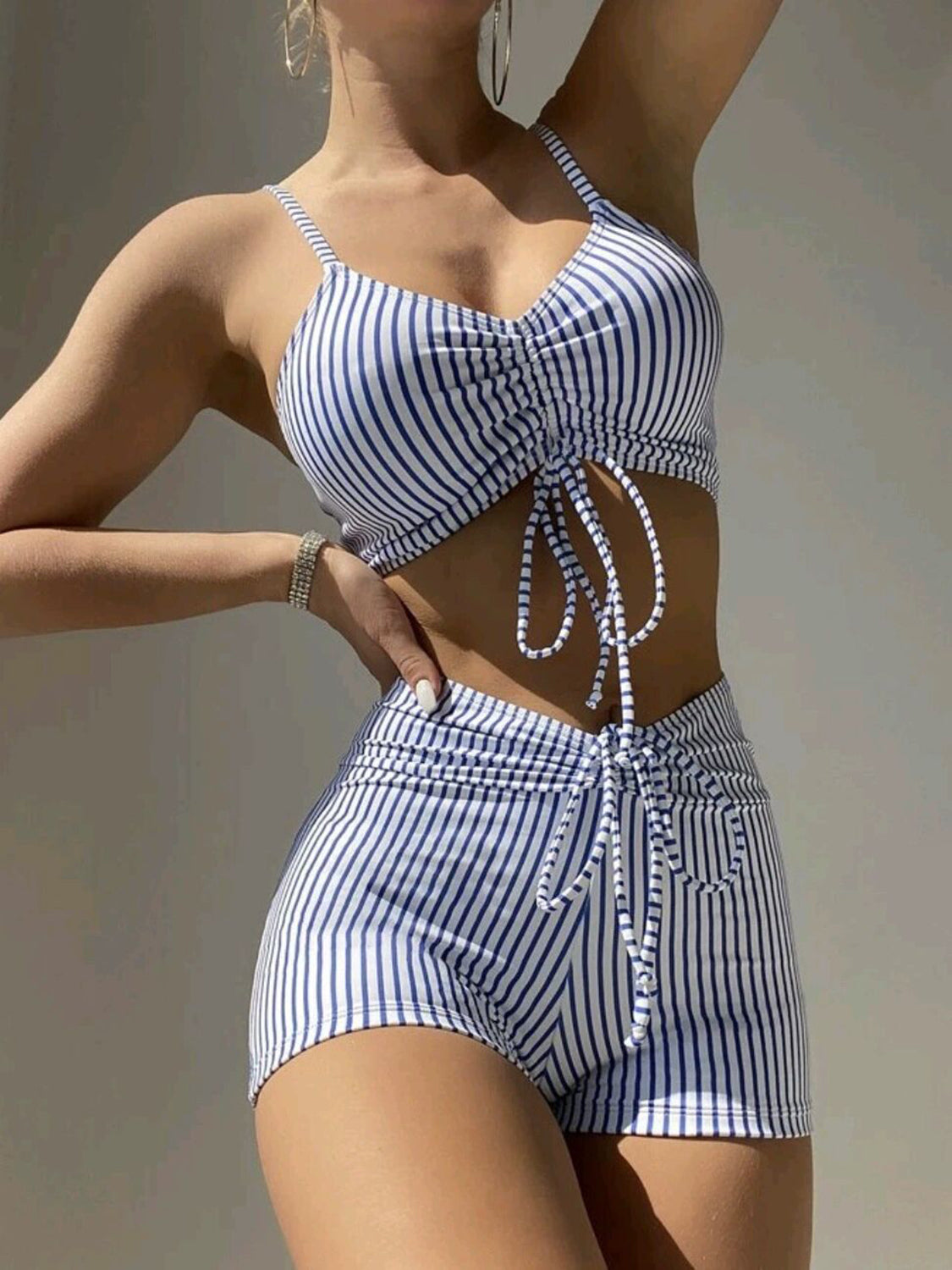 Drawstring Spaghetti Strap Two-Piece Swim set - T - 2 COLORS -