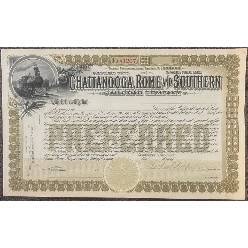 Very Rare Antique 1890s Chattanooga Rome and Southern Railroad Co. Stock Certificate